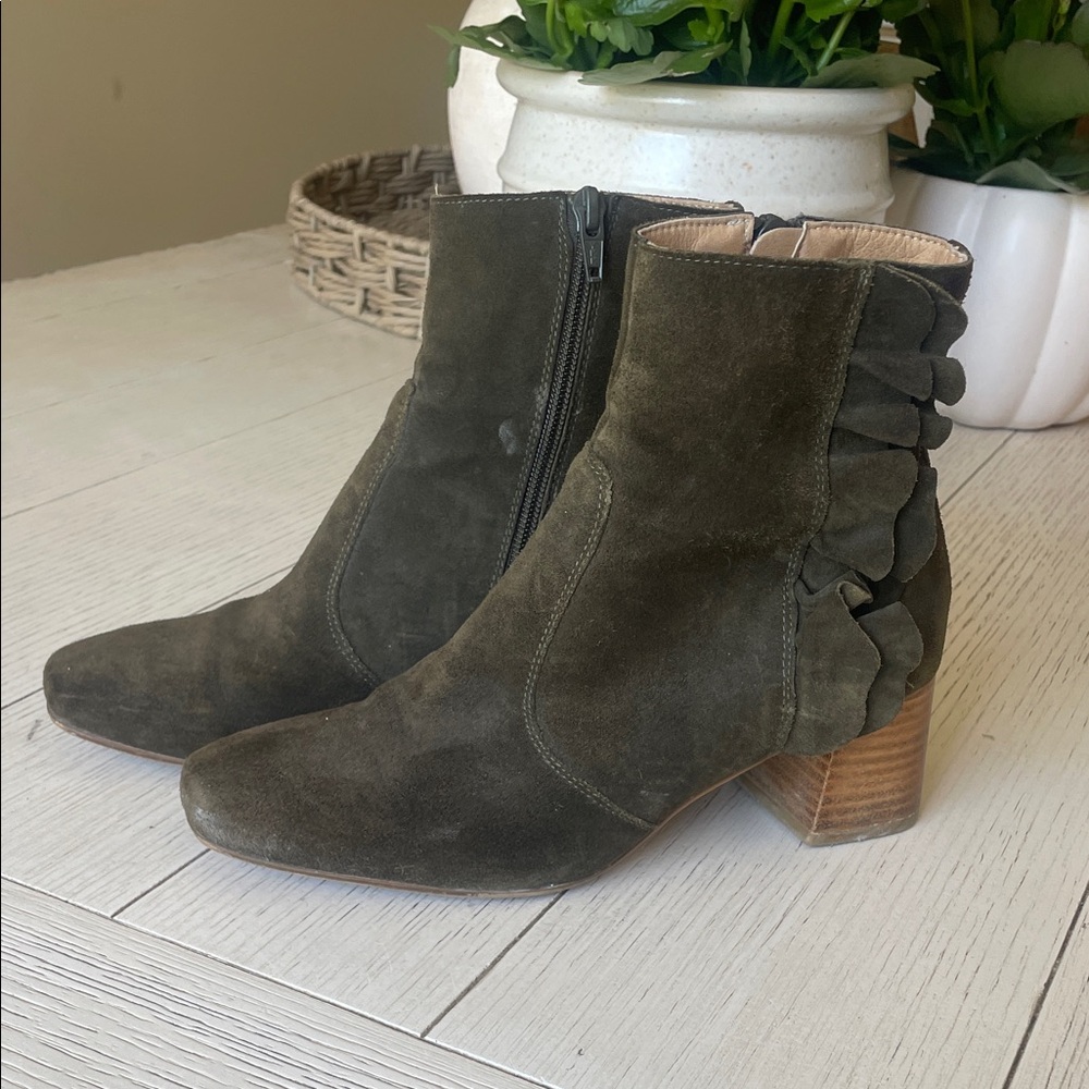 Forest Green Suede Ankle Boots with Ruffle Accent